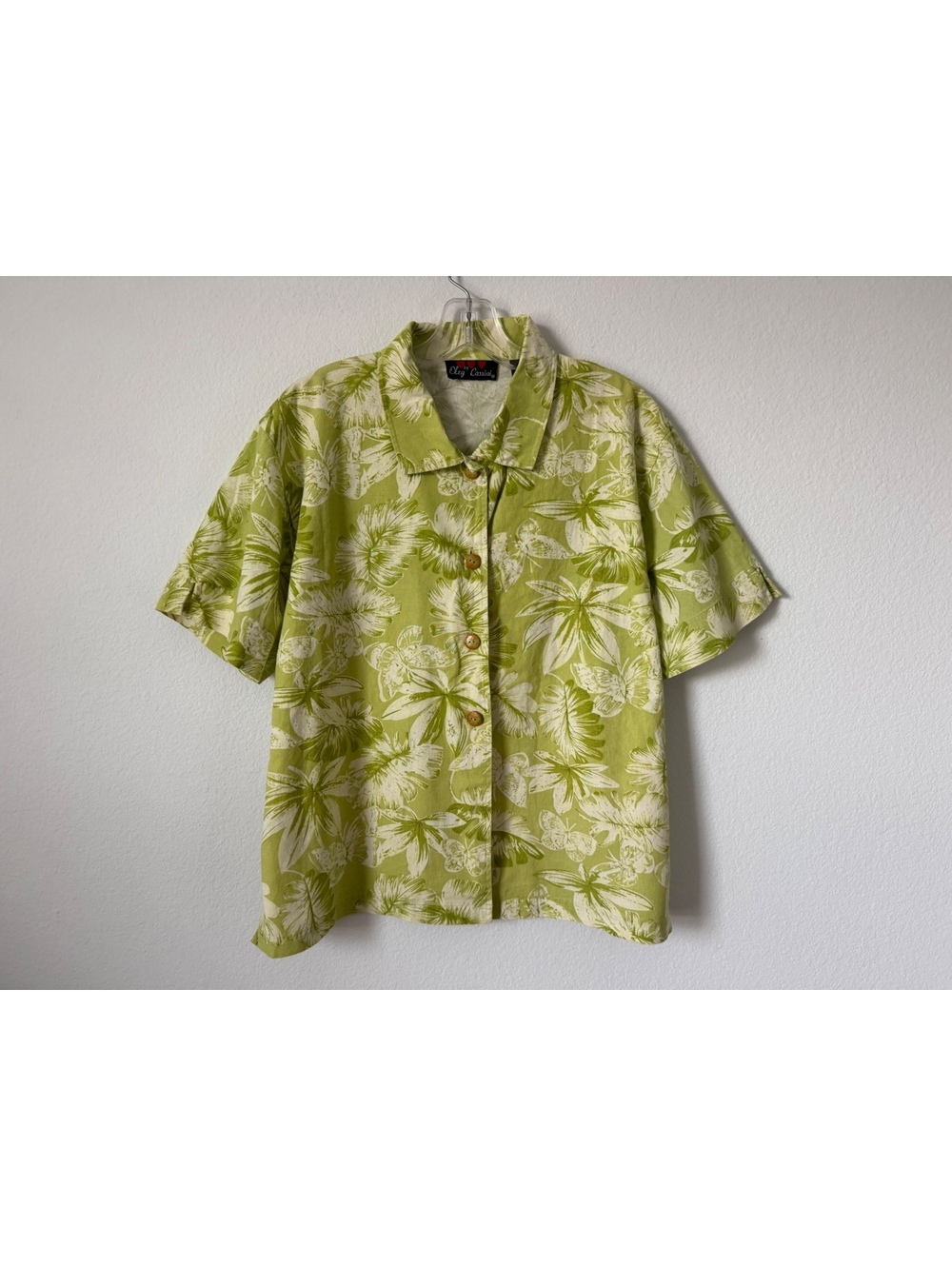 Oleg Cassini Linen Blend Short Sleeve Button Front Tropical Print Shirt Size XL
